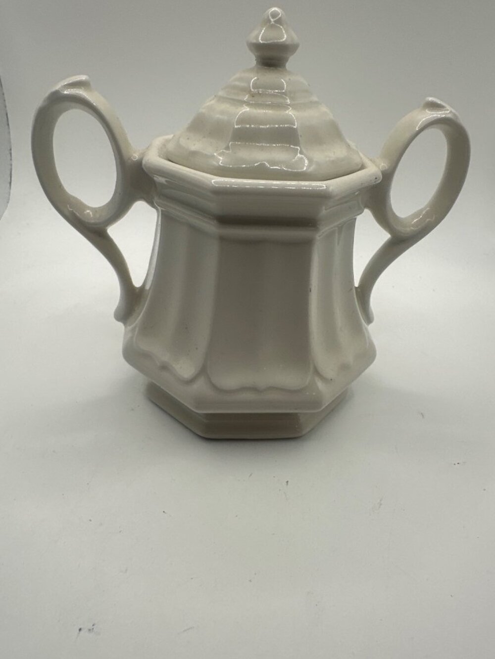 Red-Cliff Ironstone Sugar Bowl With Lid Octagonal Handles Vintage White Made In